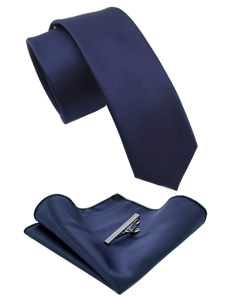 JEMYGINS 2.4" Navy Blue Skinny Tie and Pocket Square with Tie Clip Silk slim Necktie Sets for Men - Image 1